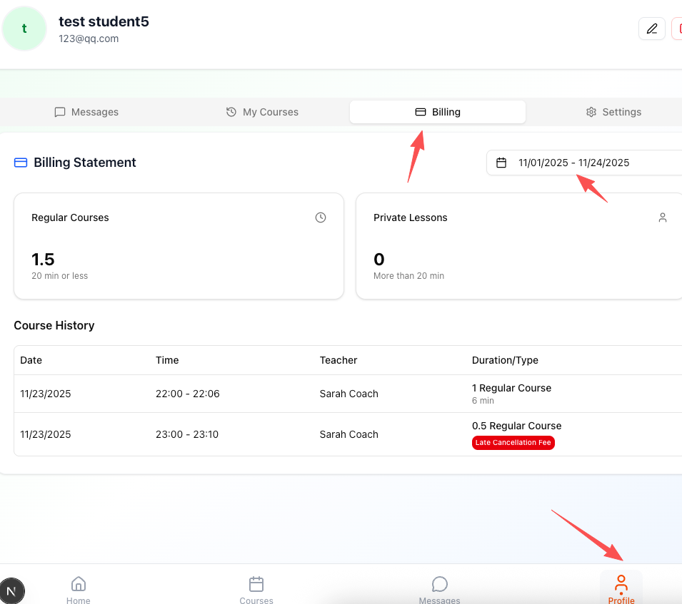 Student Billing Interface Guide